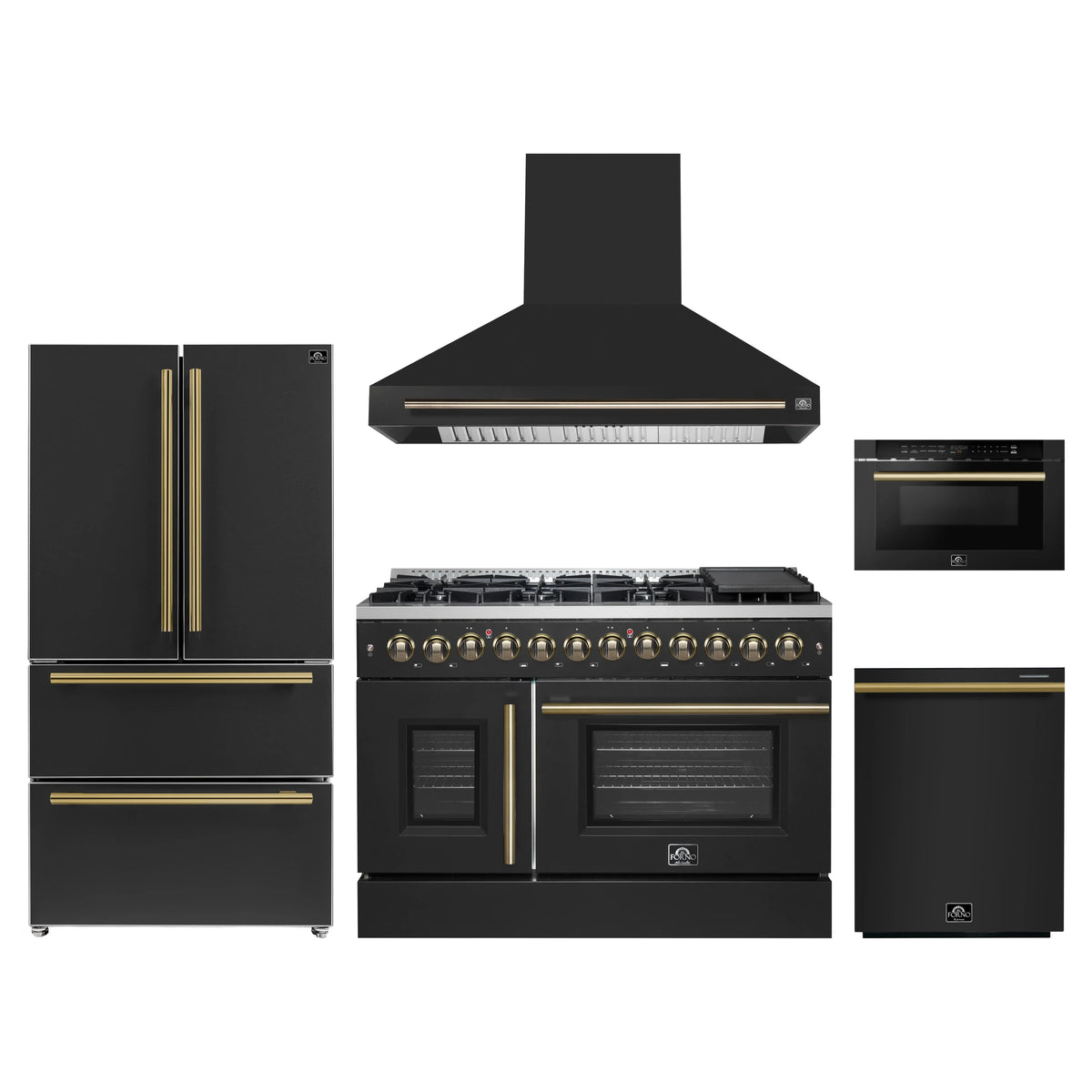 Forno 5-Piece Appliance Package - 48-Inch Galiano French Door Dual Fuel Range, Wall Mount Range Hood, 36-Inch Refrigerator, Dishwasher, and 24-Inch Microwave Drawer in Black with Antique Brass Trim