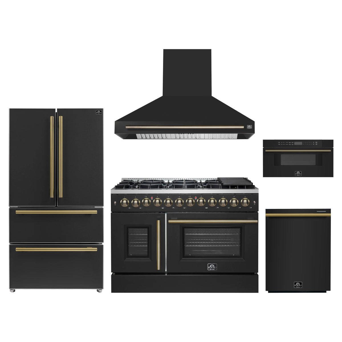 Forno 5-Piece Appliance Package - 48-Inch Galiano French Door Dual Fuel Range, Wall Mount Range Hood, 36-Inch Refrigerator, Dishwasher, and 30-Inch Microwave Drawer in Black with Antique Brass Trim