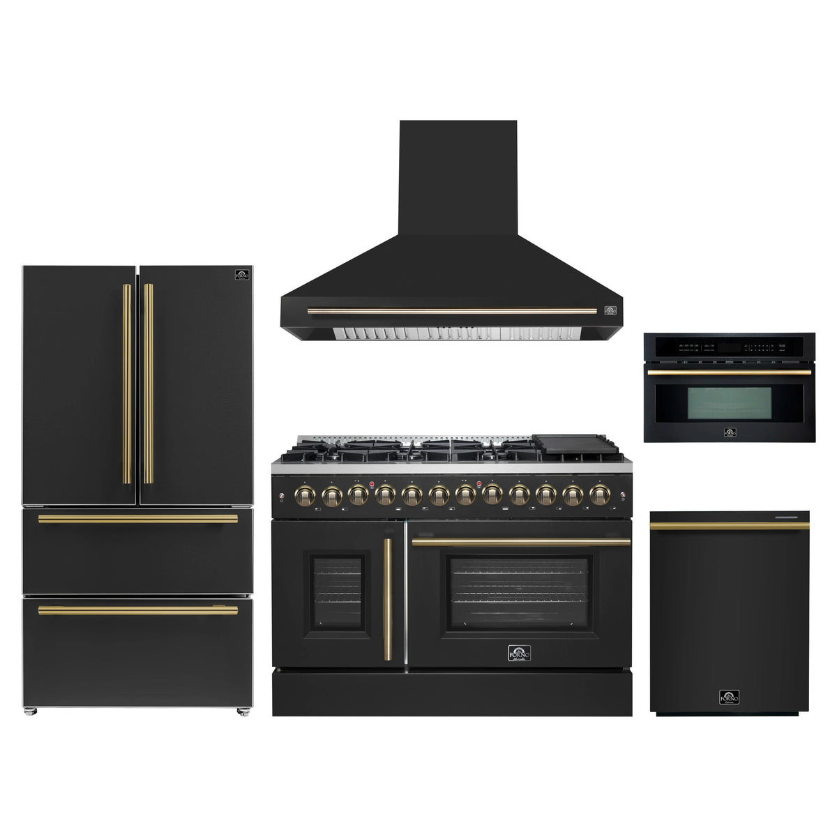 Forno 5-Piece Appliance Package - 48-Inch Galiano French Door Dual Fuel Range, Wall Mount Range Hood, 36-Inch Refrigerator, Dishwasher, and 30-Inch Microwave Oven in Black with Antique Brass Trim