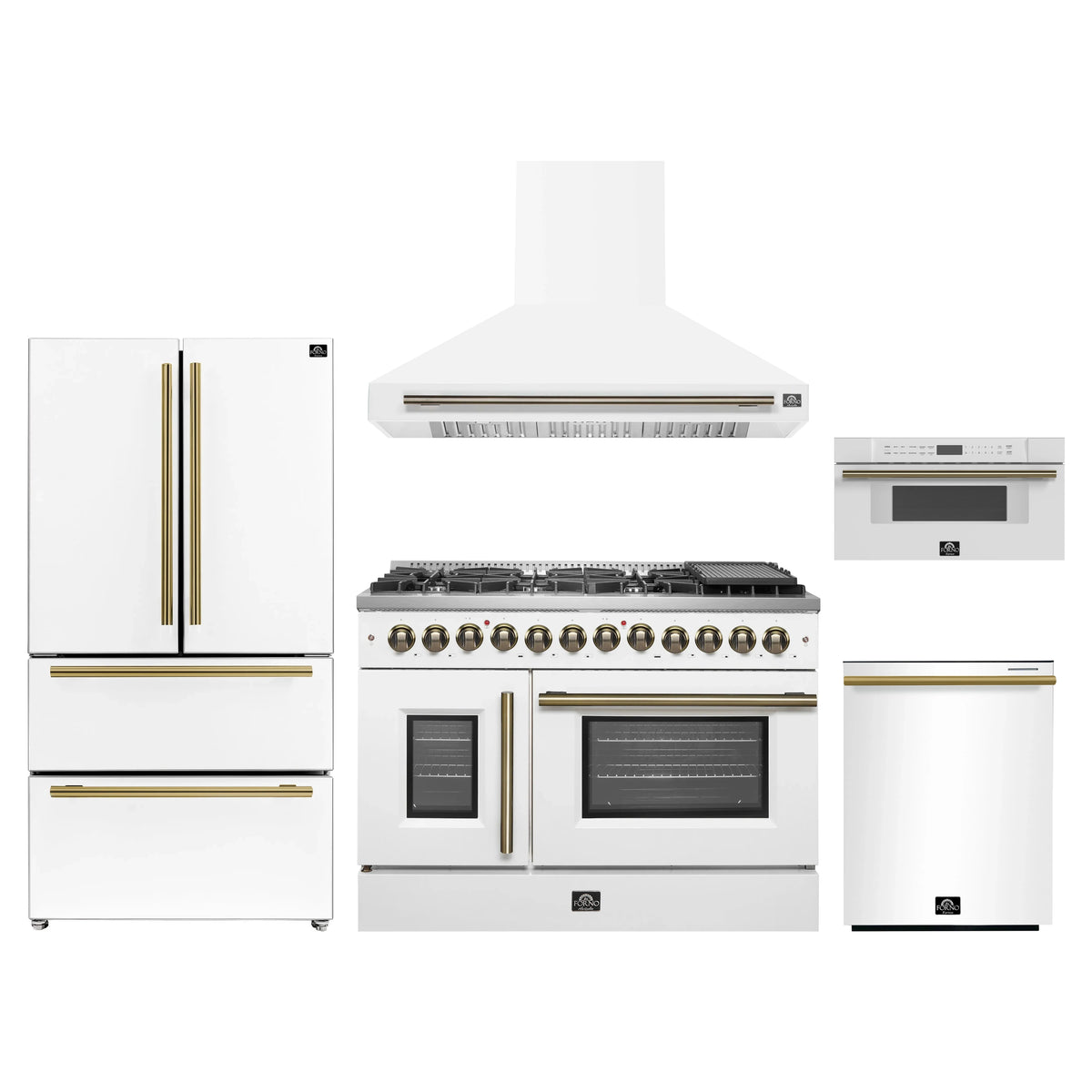 Forno 5-Piece Appliance Package - 48-Inch Galiano French Door Dual Fuel Range, Wall Mount Range Hood, 36-Inch Refrigerator, Dishwasher, and 30-Inch Microwave Drawer in White with Antique Brass Trim