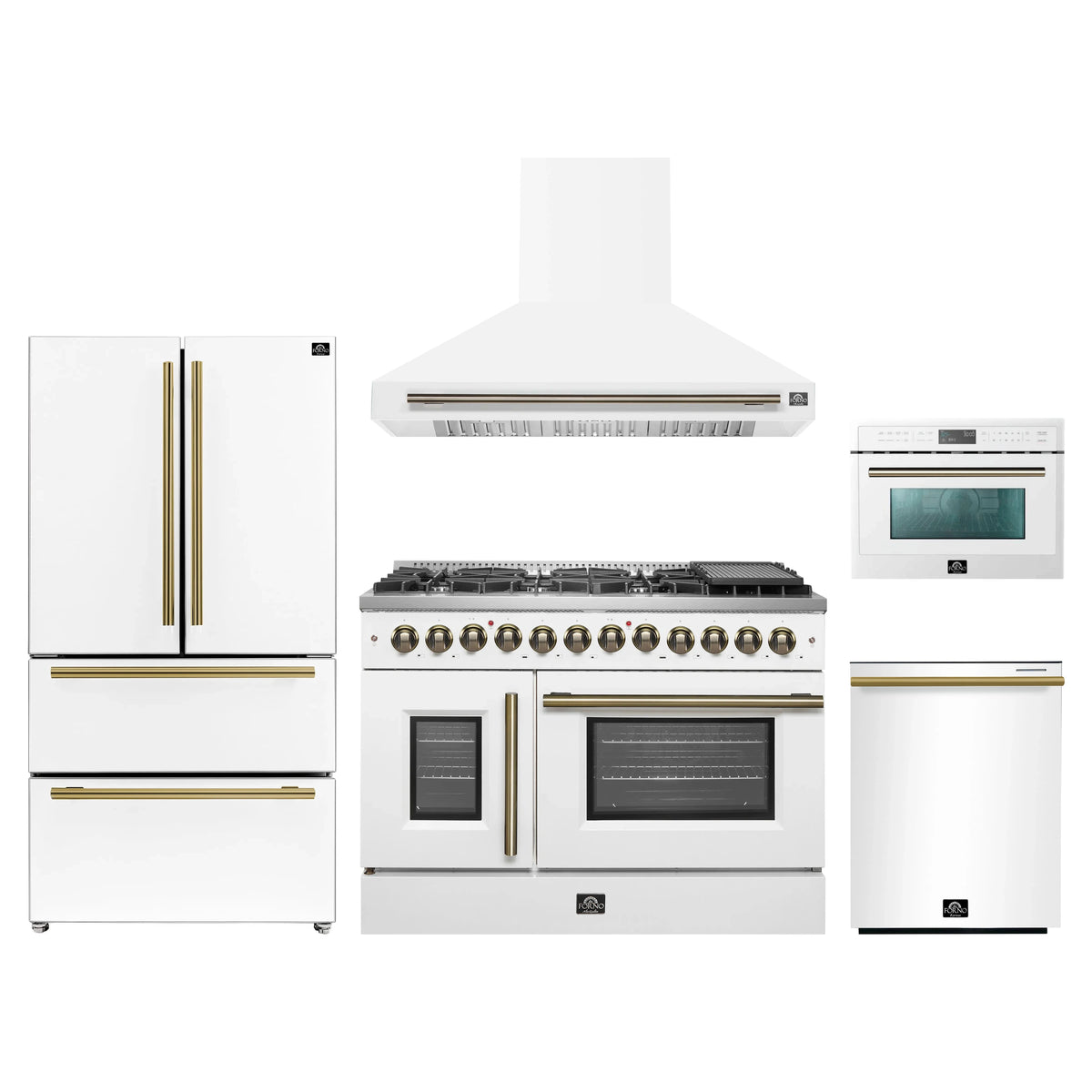 Forno 5-Piece Appliance Package - 48-Inch Galiano French Door Dual Fuel Range, Wall Mount Range Hood, 36-Inch Refrigerator, Dishwasher, and 24-Inch Microwave Oven in White with Antique Brass Trim