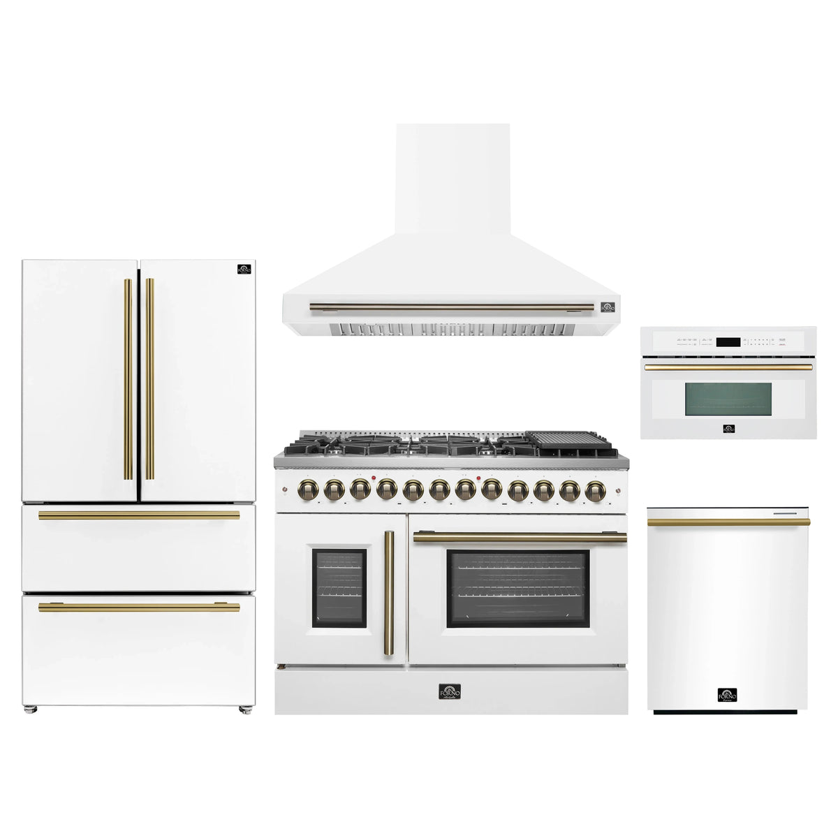 Forno 5-Piece Appliance Package - 48-Inch Galiano French Door Dual Fuel Range, Wall Mount Range Hood, 36-Inch Refrigerator, Dishwasher, and 30-Inch Microwave Oven in White with Antique Brass Trim