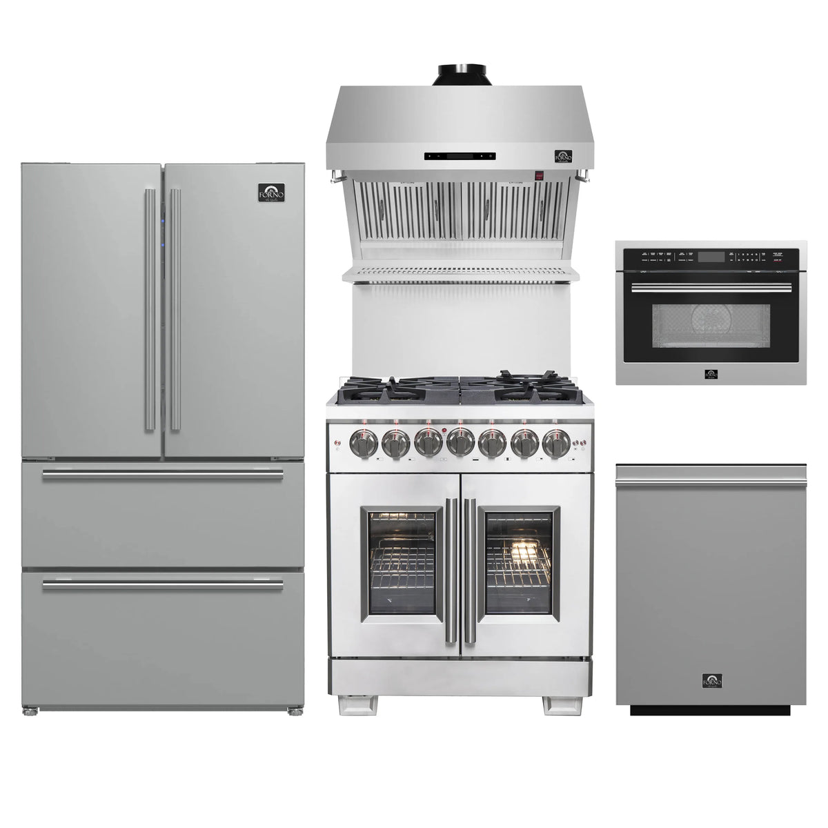 Forno 5-Piece Pro Appliance Package - 30-Inch Dual Fuel Range, 36-Inch Refrigerator, Wall Mount Hood with Backsplash, 24-Inch Microwave Oven, & 3-Rack Dishwasher in Stainless Steel