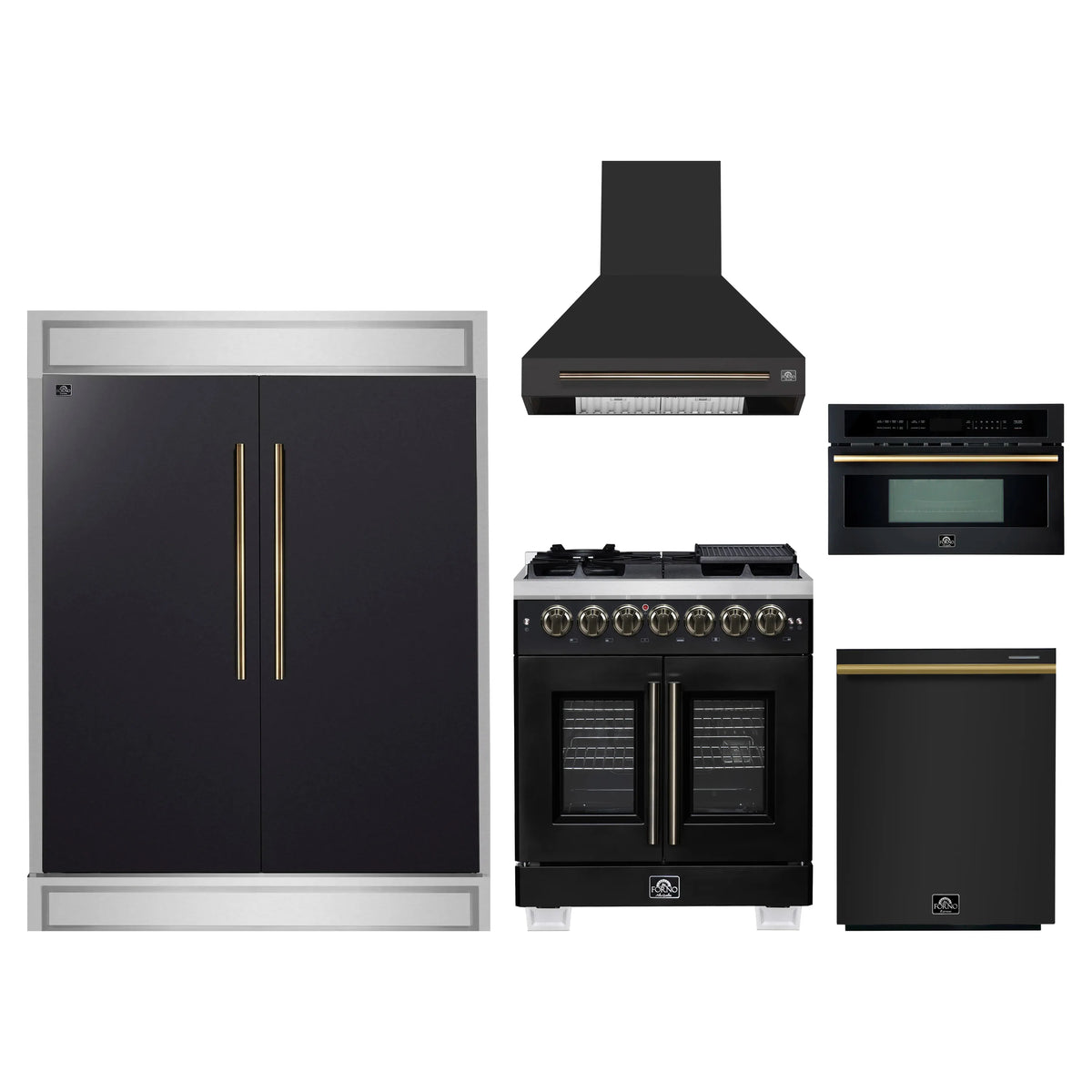 Forno 5-Piece Appliance Package - 30-inch Dual Fuel Range, Hood, Refrigerator, Dishwasher and 30-Inch Microwave Oven in Black with Antique Brass Trim