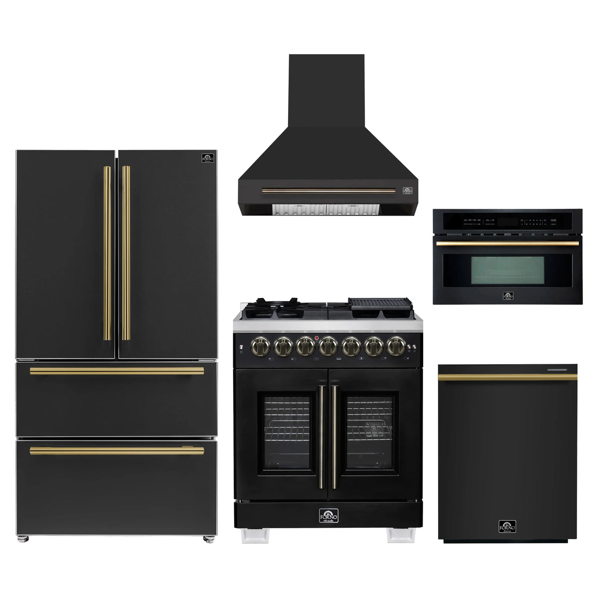 Forno 5-Piece Appliance Package - 30-inch Dual Fuel Range, Hood, Refrigerator, Dishwasher and 30-Inch Microwave Oven in Black with Antique Brass Trim