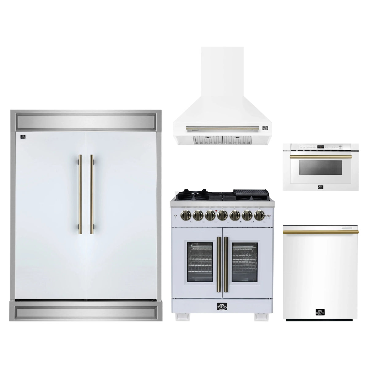 Forno 5-Piece Appliance Package - 30-inch Dual Fuel Range, Hood, Refrigerator, Dishwasher and 24-Inch Microwave Drawer in White with Antique Brass Trim
