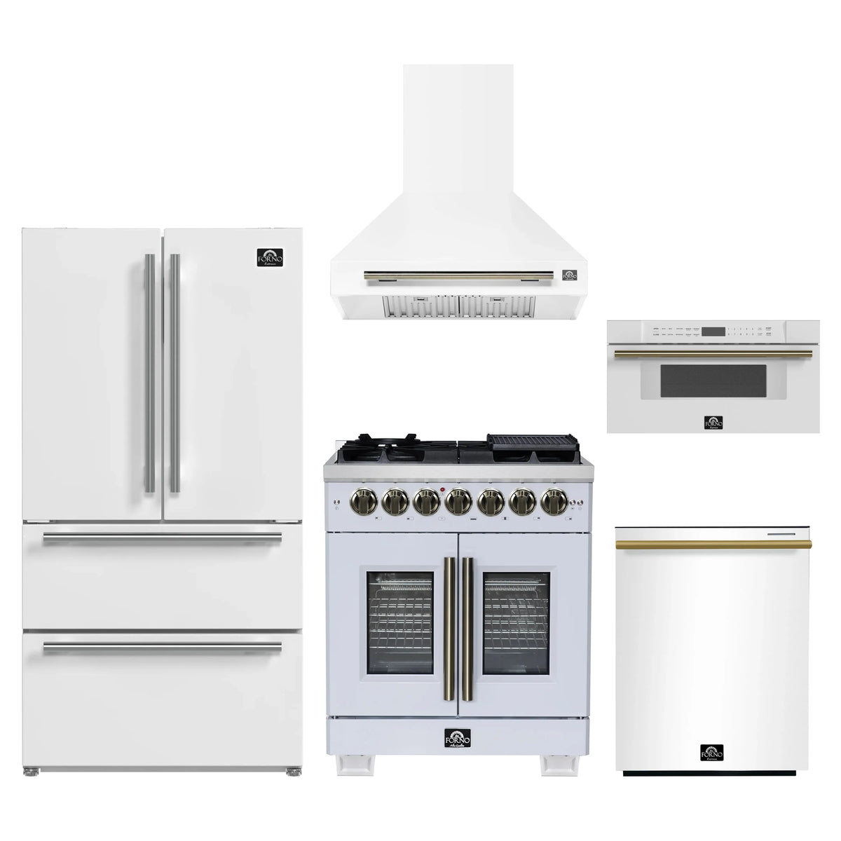 Forno 5-Piece Appliance Package - 30-inch Dual Fuel Range, Hood, Refrigerator, Dishwasher and 30-Inch Microwave Drawer in White with Antique Brass Trim