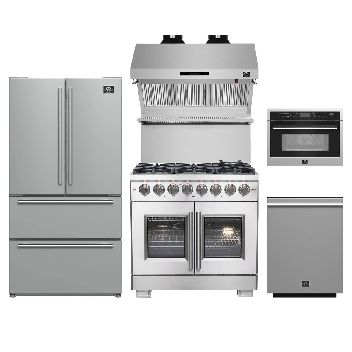 Forno 5-Piece Pro Appliance Package - 36-Inch Dual Fuel Range, Refrigerator, Wall Mount Hood with Backsplash, 24-Inch Microwave Oven, & 3-Rack Dishwasher in Stainless Steel