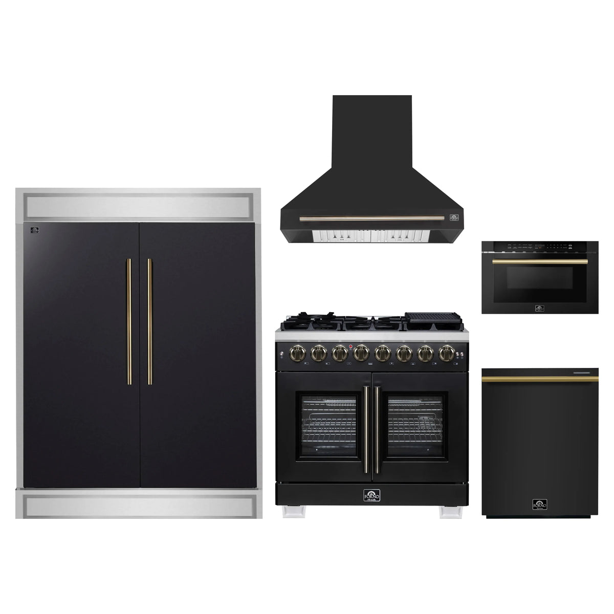 Forno 5-Piece Appliance Package - 36-inch Dual Fuel Range, Hood, Refrigerator, Dishwasher and 24-Inch Microwave Drawer in Black with Antique Brass Trim
