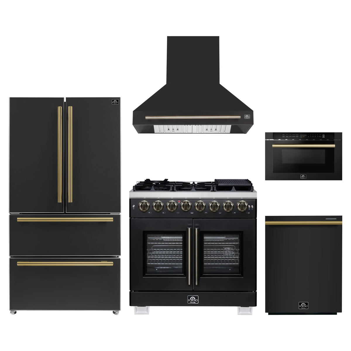 Forno 5-Piece Appliance Package - 36-inch Dual Fuel Range, Hood, Refrigerator, Dishwasher and 24-Inch Microwave Drawer in Black with Antique Brass Trim
