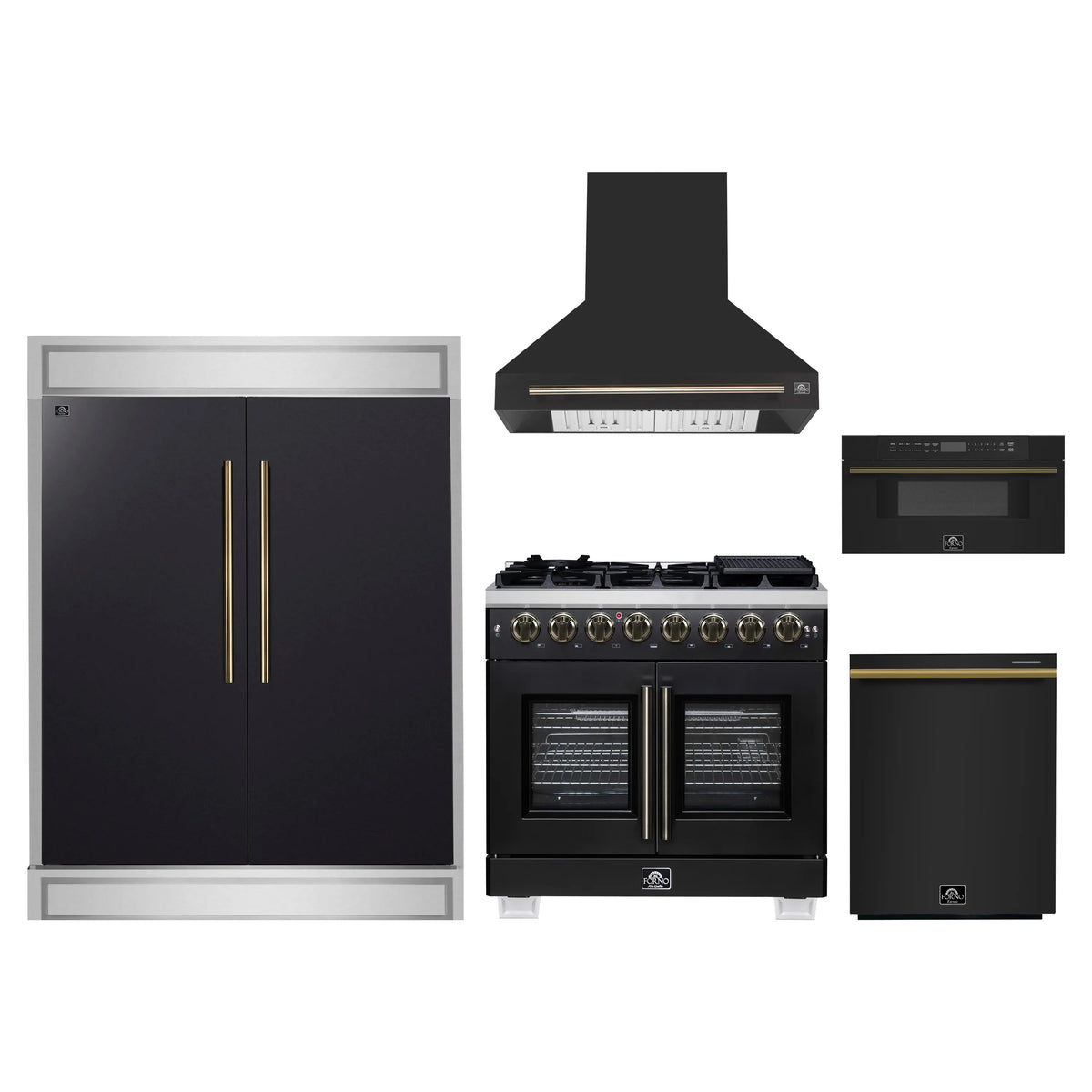 Forno 5-Piece Appliance Package - 36-inch Dual Fuel Range, Hood, Refrigerator, Dishwasher and 30-Inch Microwave Drawer in Black with Antique Brass Trim