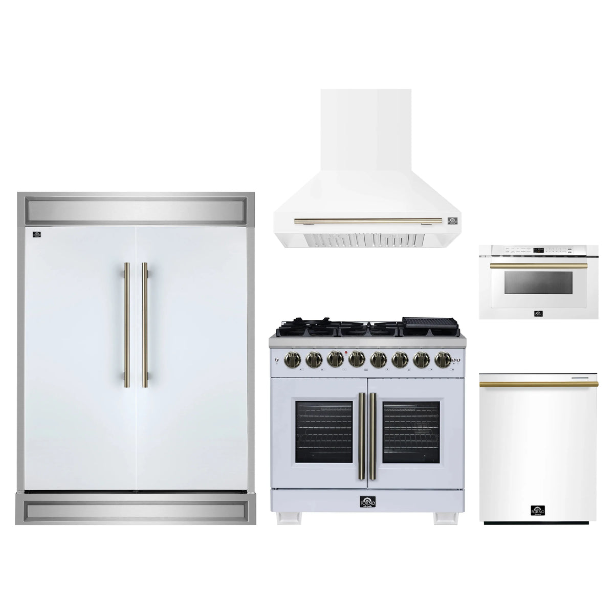 Forno 5-Piece Appliance Package - 36-inch Dual Fuel Range, Hood, Refrigerator, Dishwasher and 24-Inch Microwave Drawer in White with Antique Brass Trim