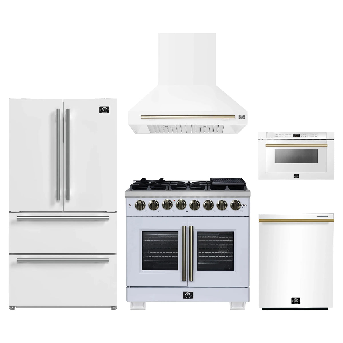 Forno 5-Piece Appliance Package - 36-inch Dual Fuel Range, Hood, Refrigerator, Dishwasher and 24-Inch Microwave Drawer in White with Antique Brass Trim