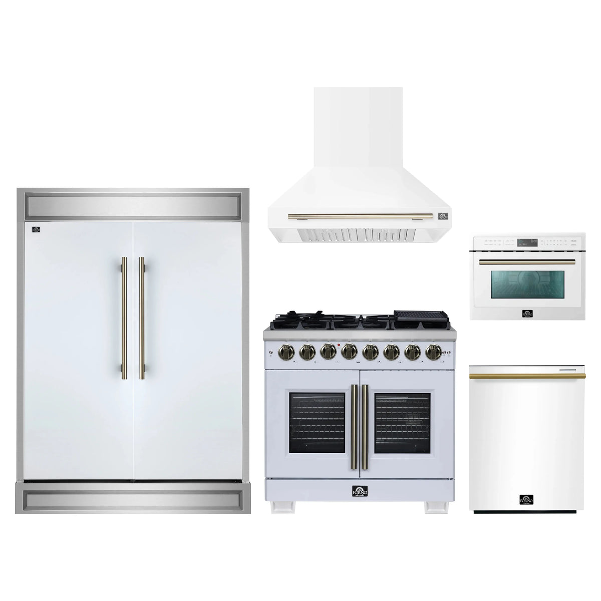 Forno 5-Piece Appliance Package - 36-inch Dual Fuel Range, Hood, Refrigerator, Dishwasher and 24-Inch Microwave Oven in White with Antique Brass Trim