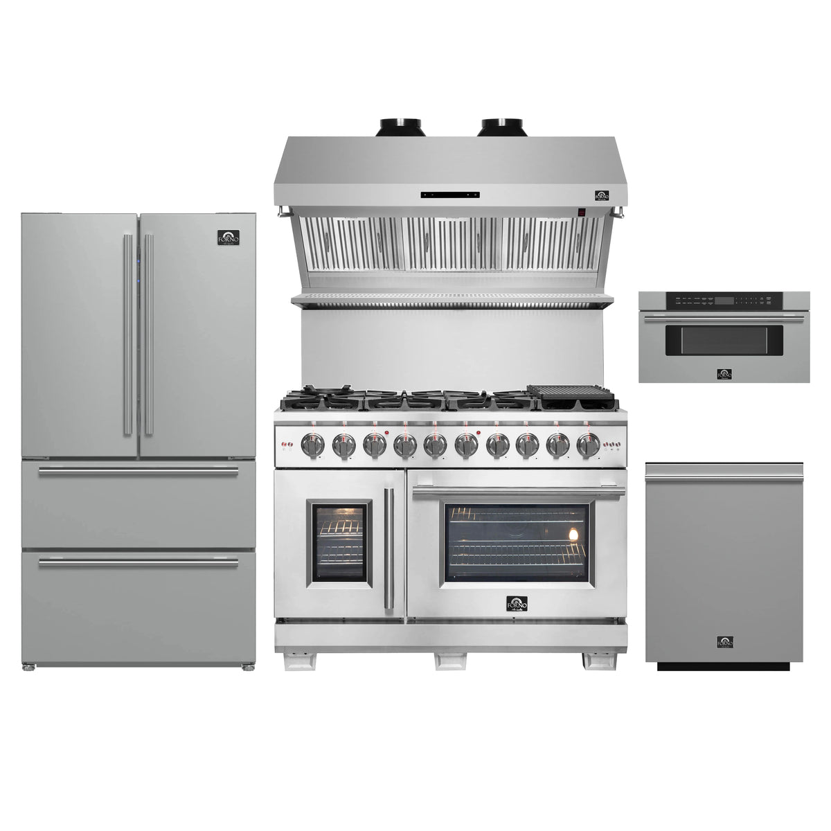 Forno 5-Piece Pro Appliance Package - 48-Inch Dual Fuel Range, Refrigerator, Wall Mount Hood with Backsplash, 30-Inch Microwave Drawer, & 3-Rack Dishwasher in Stainless Steel