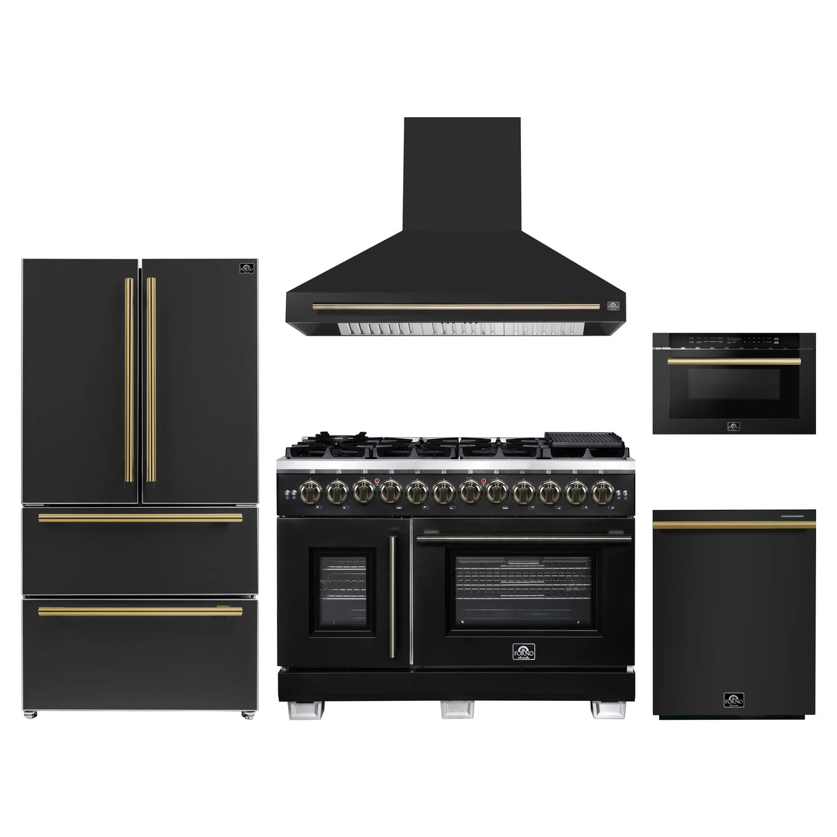 Forno 5-Piece Appliance Package - 48-inch Dual Fuel Range, Hood, Refrigerator, Dishwasher and 24-Inch Microwave Drawer in Black with Antique Brass Trim