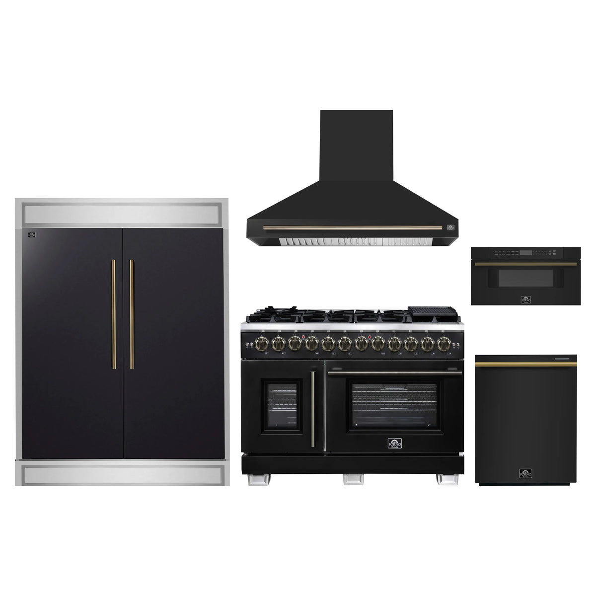 Forno 5-Piece Appliance Package - 48-inch Dual Fuel Range, Hood, Refrigerator, Dishwasher and 30-Inch Microwave Drawer in Black with Antique Brass Trim