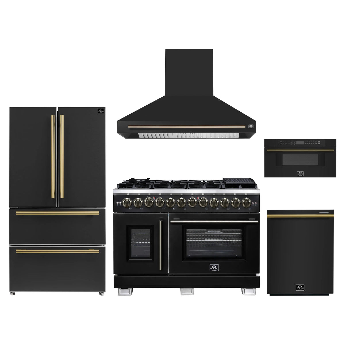 Forno 5-Piece Appliance Package - 48-inch Dual Fuel Range, Hood, Refrigerator, Dishwasher and 30-Inch Microwave Drawer in Black with Antique Brass Trim
