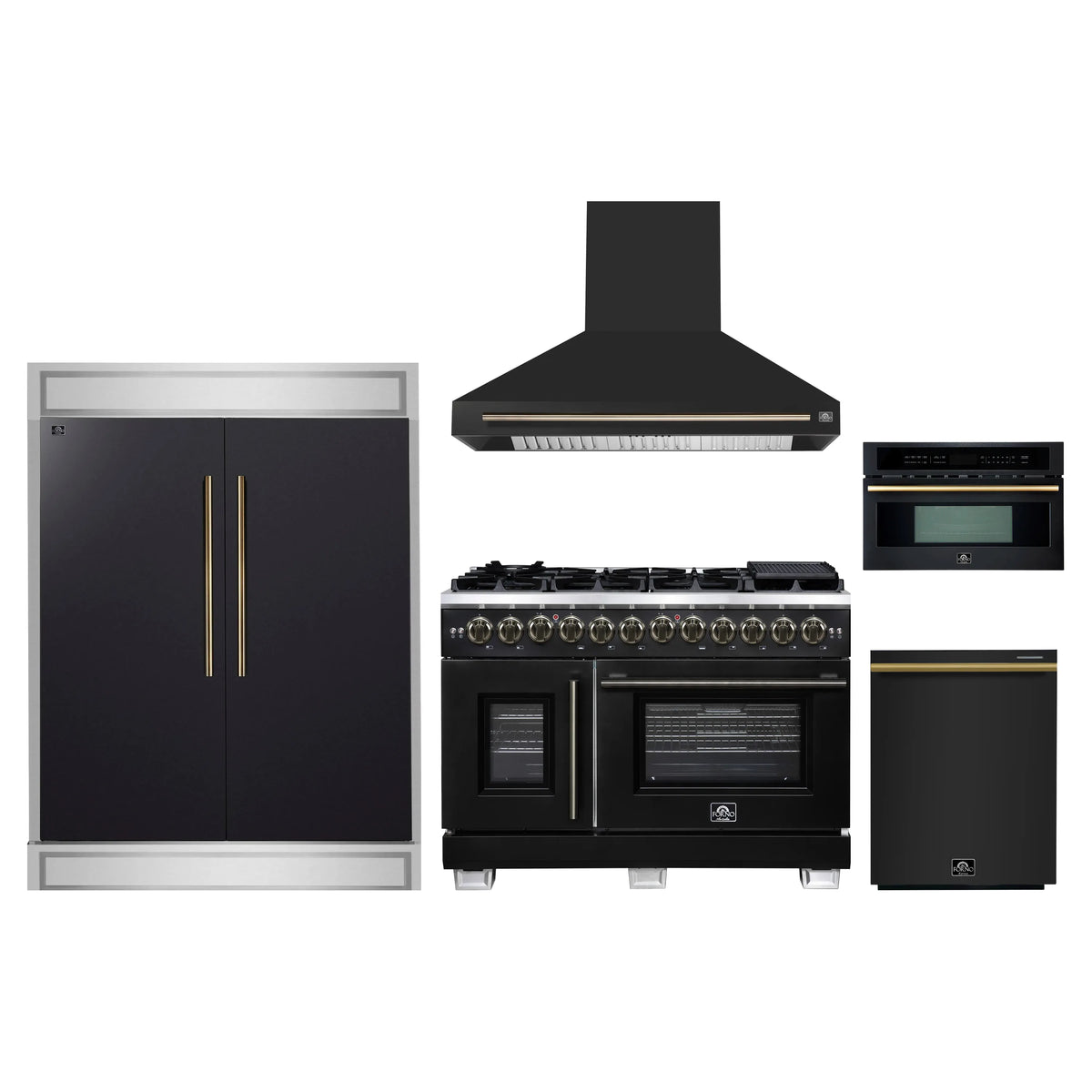 Forno 5-Piece Appliance Package - 48-inch Dual Fuel Range, Hood, Refrigerator, Dishwasher and 30-Inch Microwave Oven in Black with Antique Brass Trim