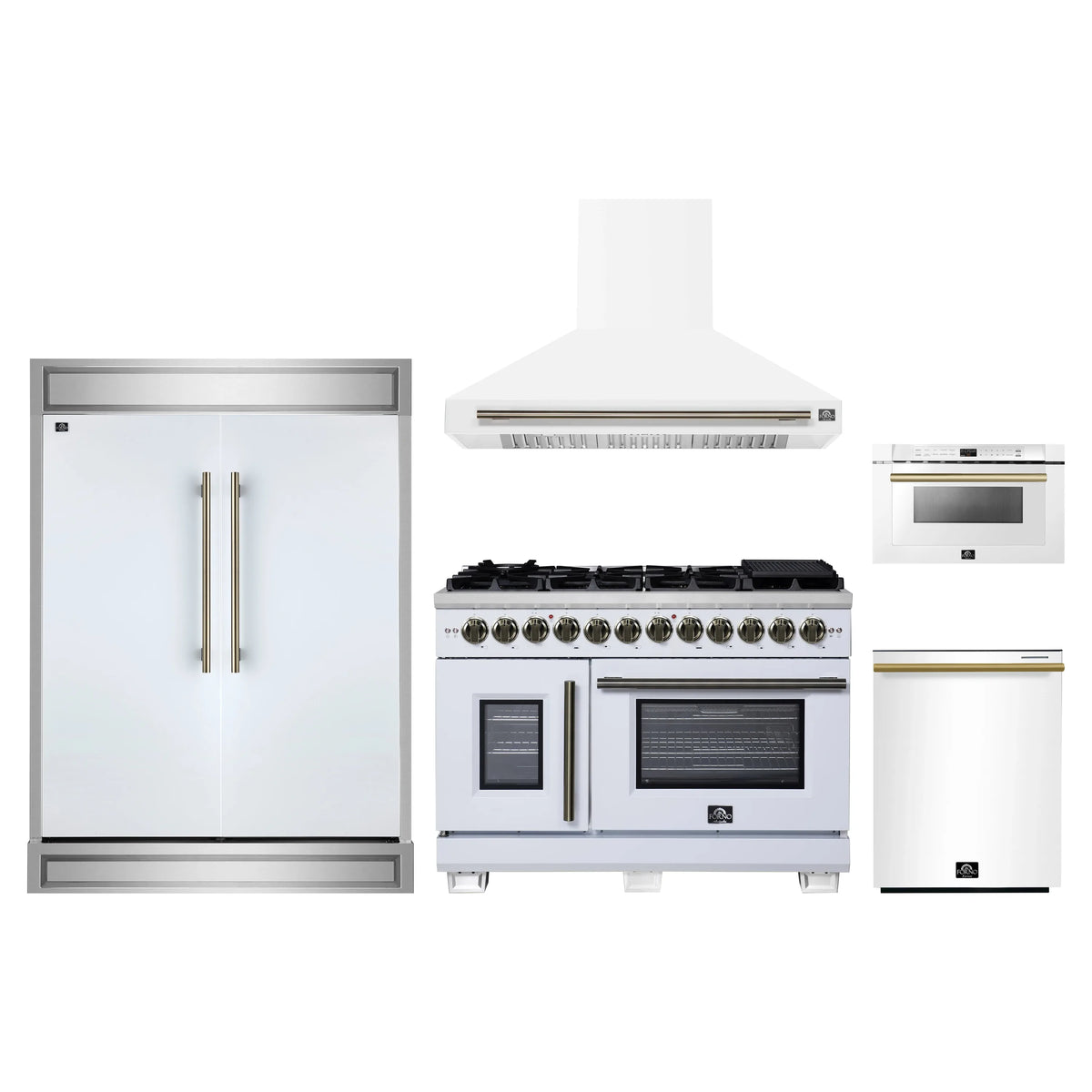 Forno 5-Piece Appliance Package - 48-inch Dual Fuel Range, Hood, Refrigerator, Dishwasher and 24-Inch Microwave Drawer in White with Antique Brass Trim