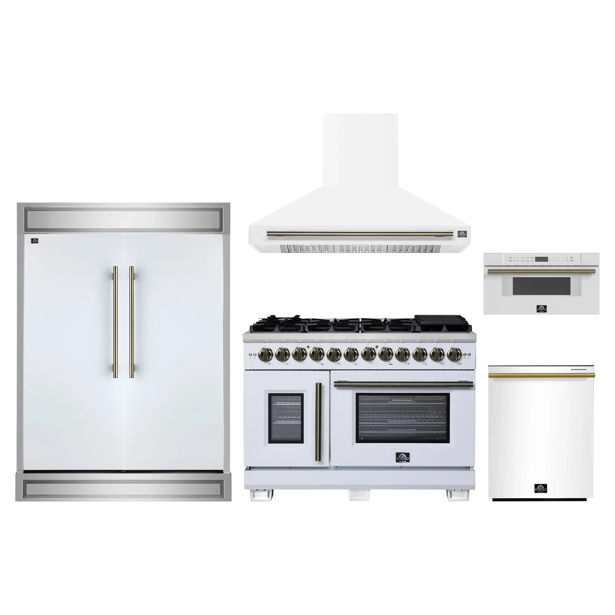 Forno 5-Piece Appliance Package - 48-inch Dual Fuel Range, Hood, Refrigerator, Dishwasher and 30-Inch Microwave Drawer in White with Antique Brass Trim