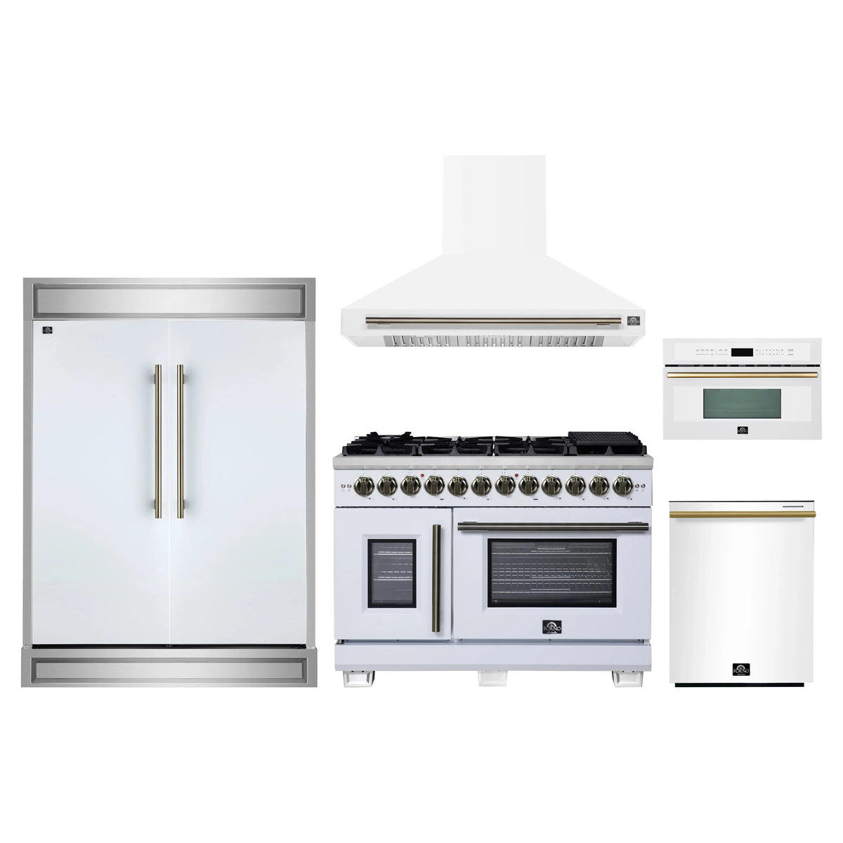 Forno 5-Piece Appliance Package - 48-inch Dual Fuel Range, Hood, Refrigerator, Dishwasher and 30-Inch Microwave Oven in White with Antique Brass Trim
