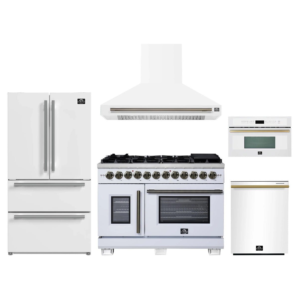 Forno 5-Piece Appliance Package - 48-inch Dual Fuel Range, Hood, Refrigerator, Dishwasher and 30-Inch Microwave Oven in White with Antique Brass Trim