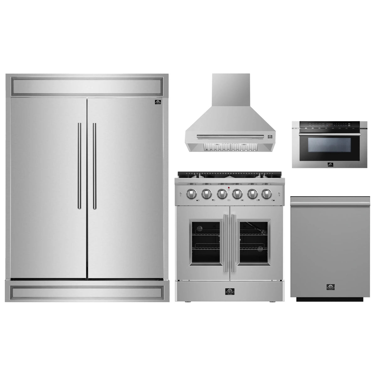 Stainless steel appliance package set: refrigerator, gas range, hood, microwave, dishwasher