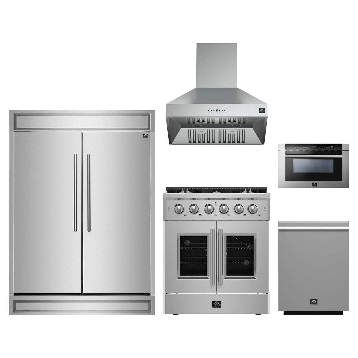 Forno 5-Piece Appliance Package - 30-inch Gas Range, Hood, Refrigerator, Dishwasher and 24-Inch Microwave Drawer in Stainless Steel
