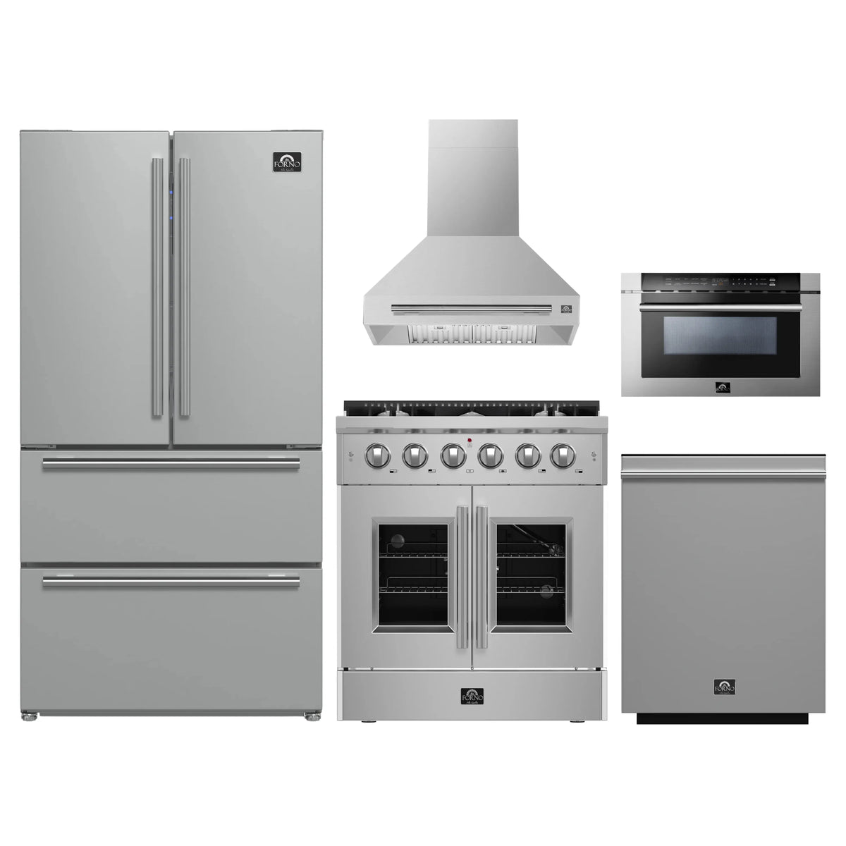 Stainless steel appliance package with refrigerator, range, hood, microwave, and dishwasher