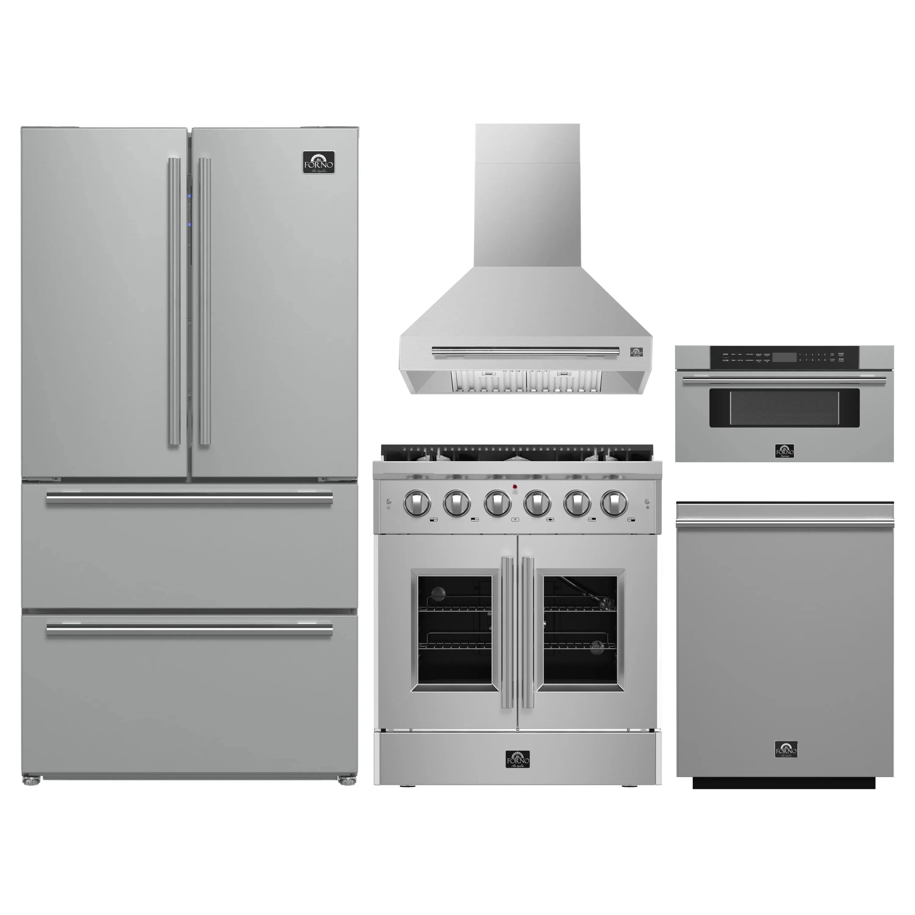 Stainless steel kitchen appliance set with refrigerator, range, hood, dishwasher, and microwave