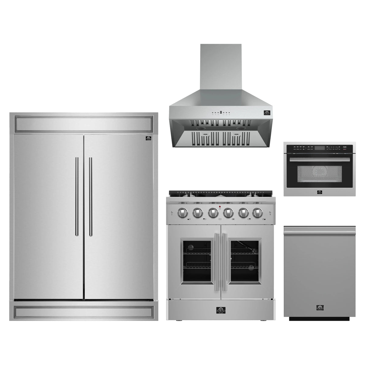 Forno 5-Piece Appliance Package - 30-inch Gas Range, Hood, Refrigerator, Dishwasher and 24-Inch Microwave Oven in Stainless Steel
