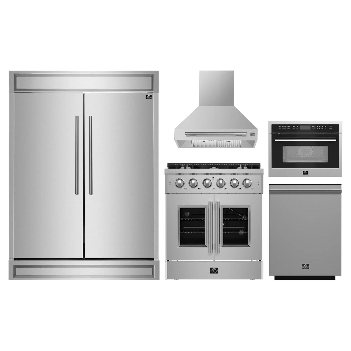 Stainless steel appliance set with refrigerator, hood, range, microwave, and oven