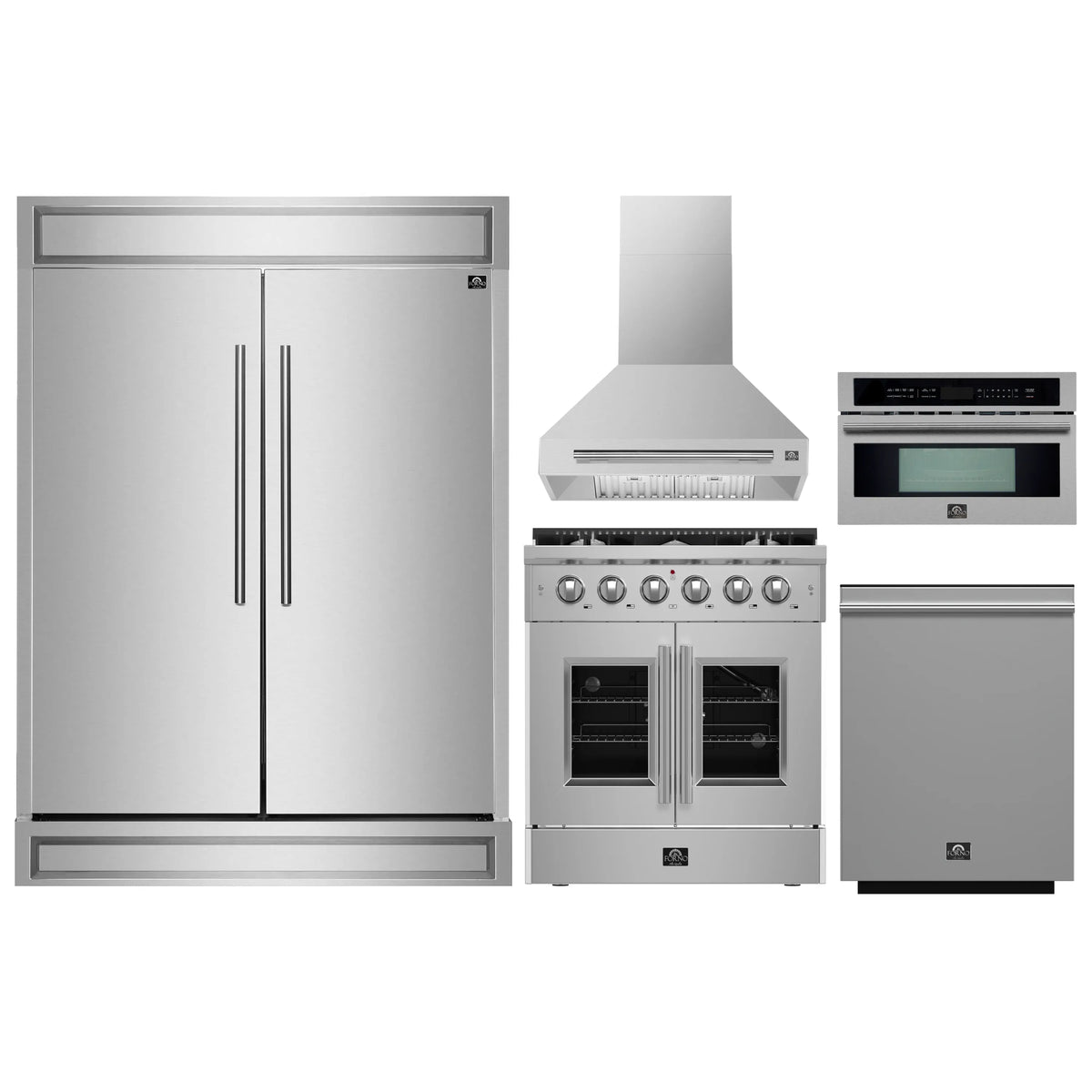 Stainless steel kitchen appliance set with refrigerator, range, hood and microwave
