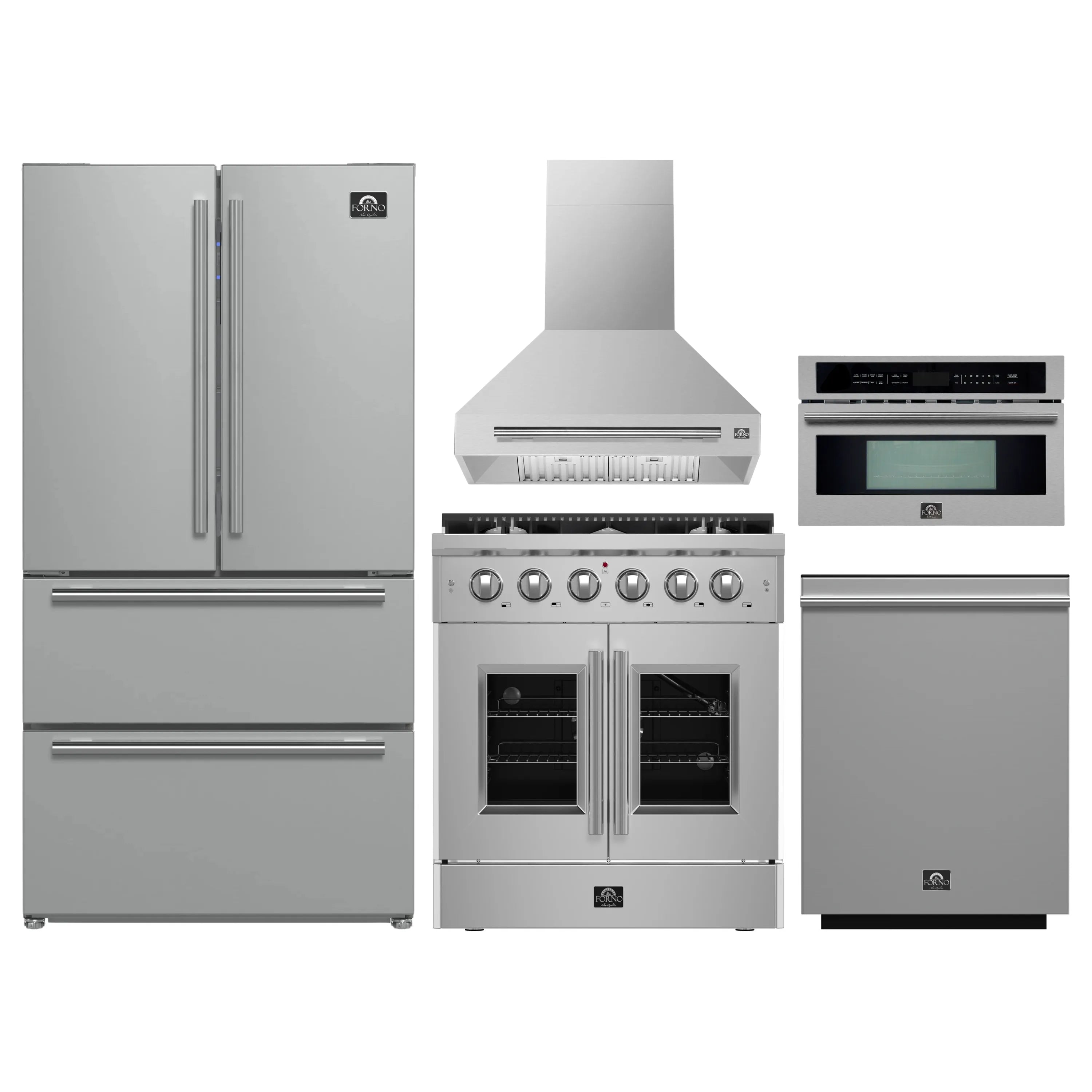 Stainless 5-piece appliance set: refrigerator, gas range, hood, dishwasher, microwave