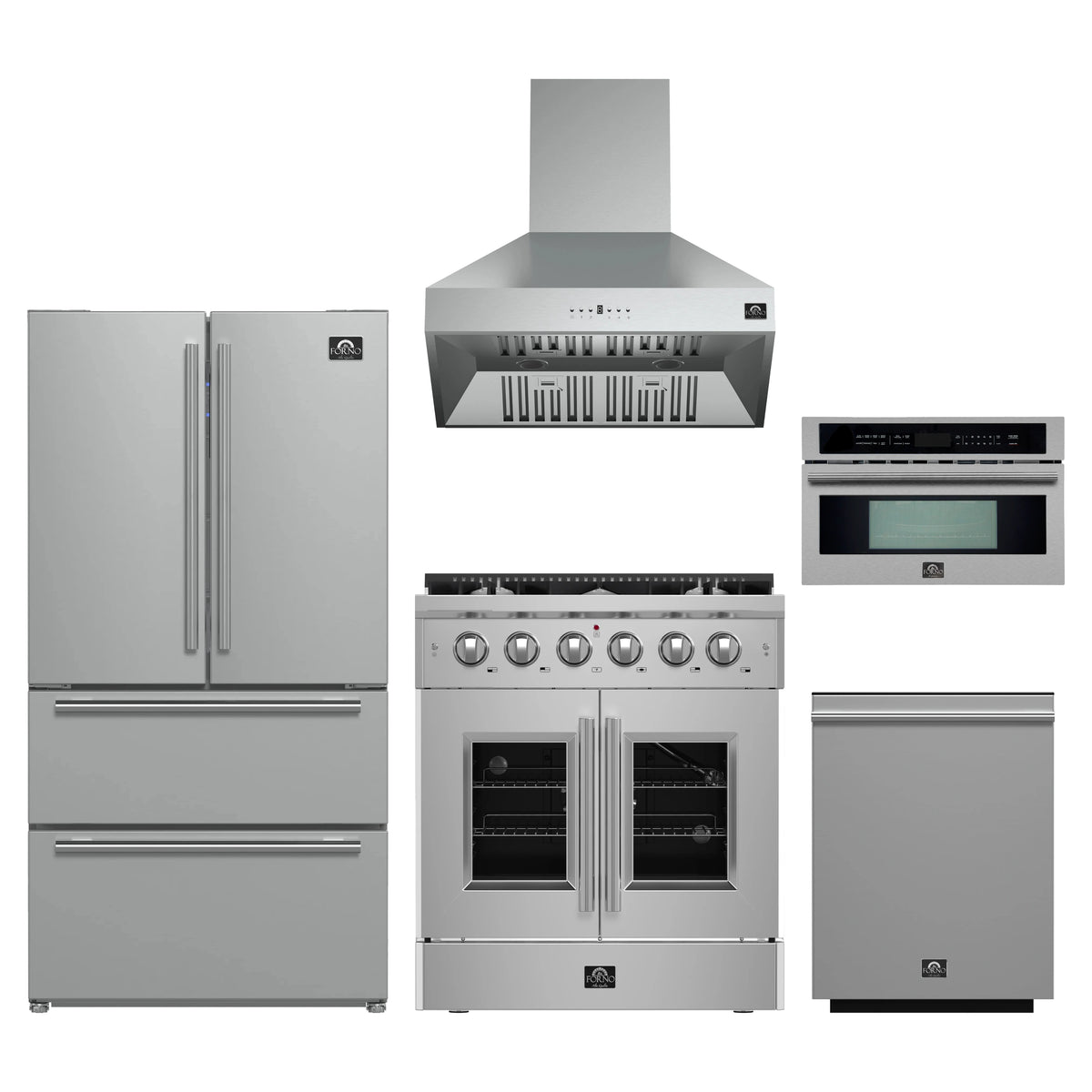 Forno 5-Piece Appliance Package - 30-inch Gas Range, Hood, Refrigerator, Dishwasher and 30-Inch Microwave Oven in Stainless Steel