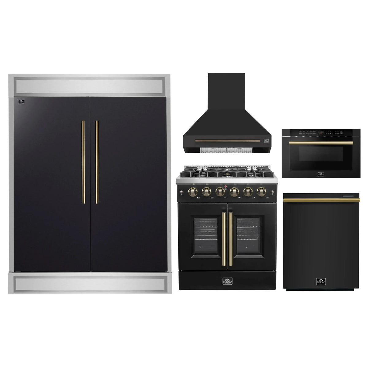 Black appliance package set: refrigerator, gas range, hood, and microwave drawer