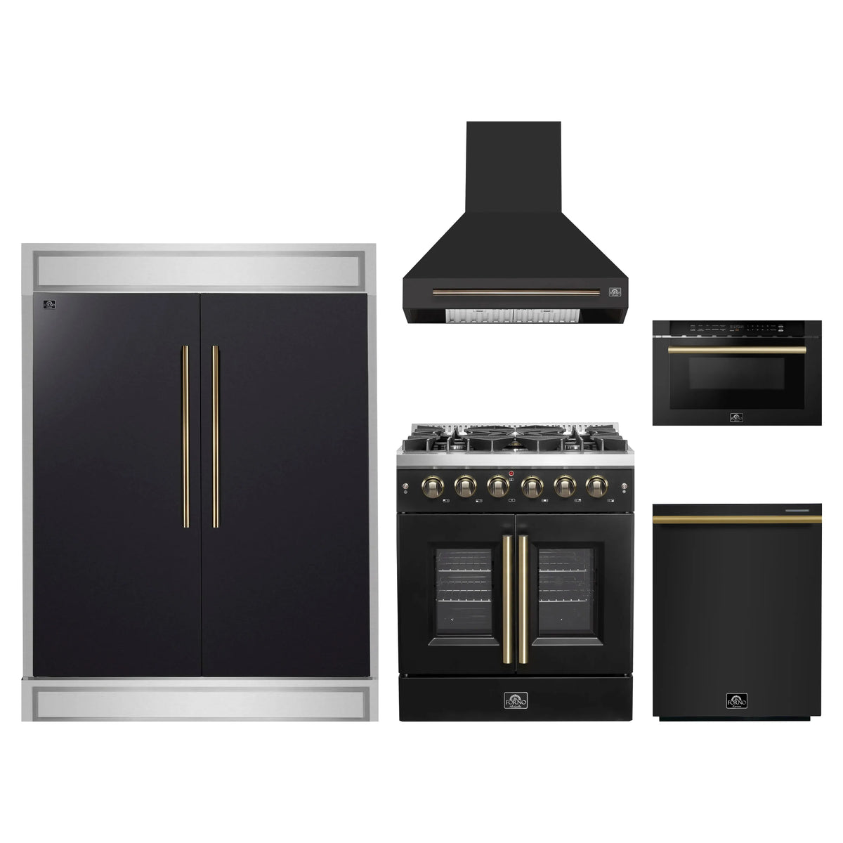 Forno 5-Piece Appliance Package - 30-inch Gas Range, Hood, Refrigerator, Dishwasher and 24-Inch Microwave Drawer in Black with Antique Brass Trim