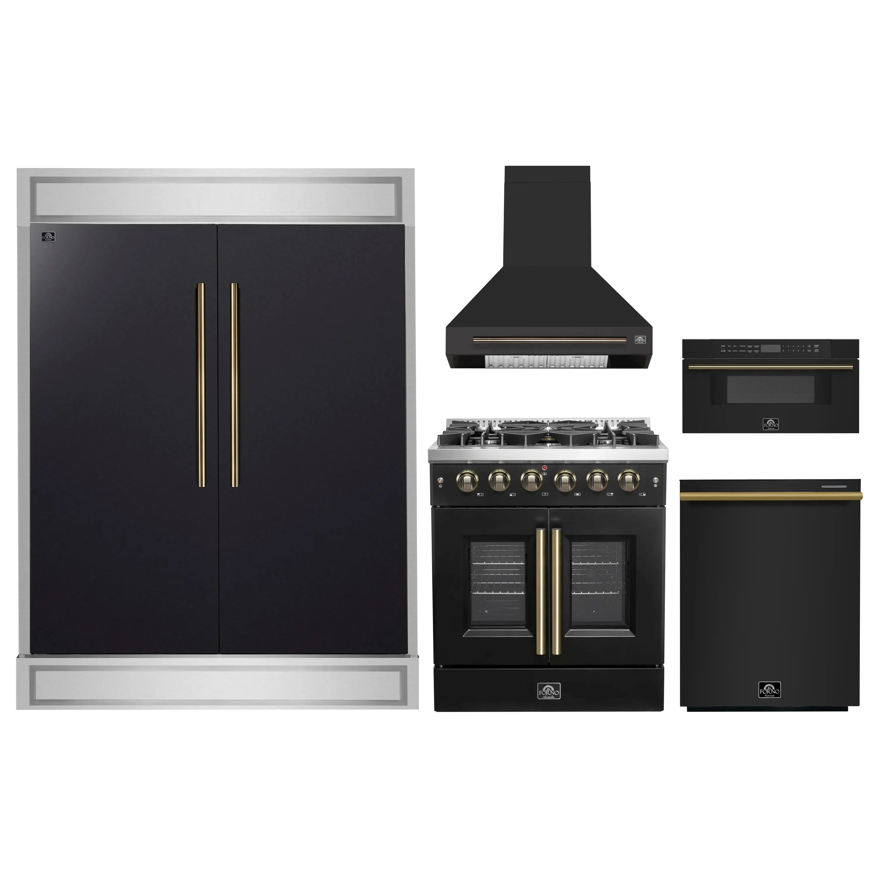Black appliance package set with fridge, range, hood, wall oven, and microwave