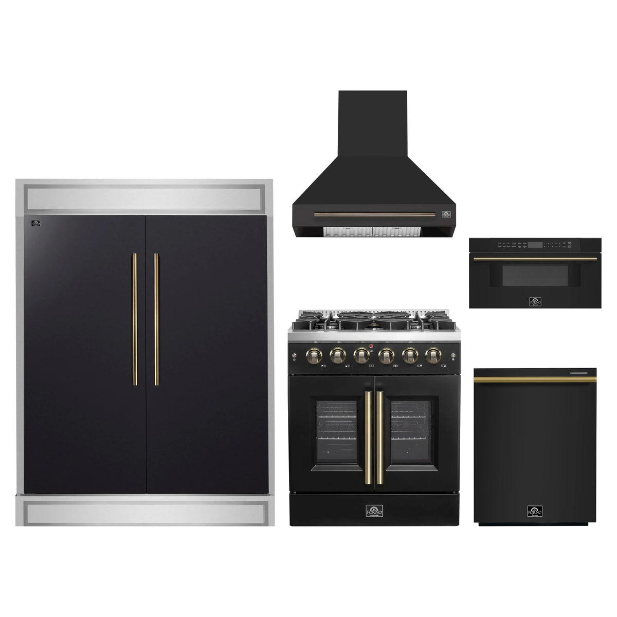 Forno 5-Piece Appliance Package - 30-inch Gas Range, Hood, Refrigerator, Dishwasher and 30-Inch Microwave Drawer in Black with Antique Brass Trim