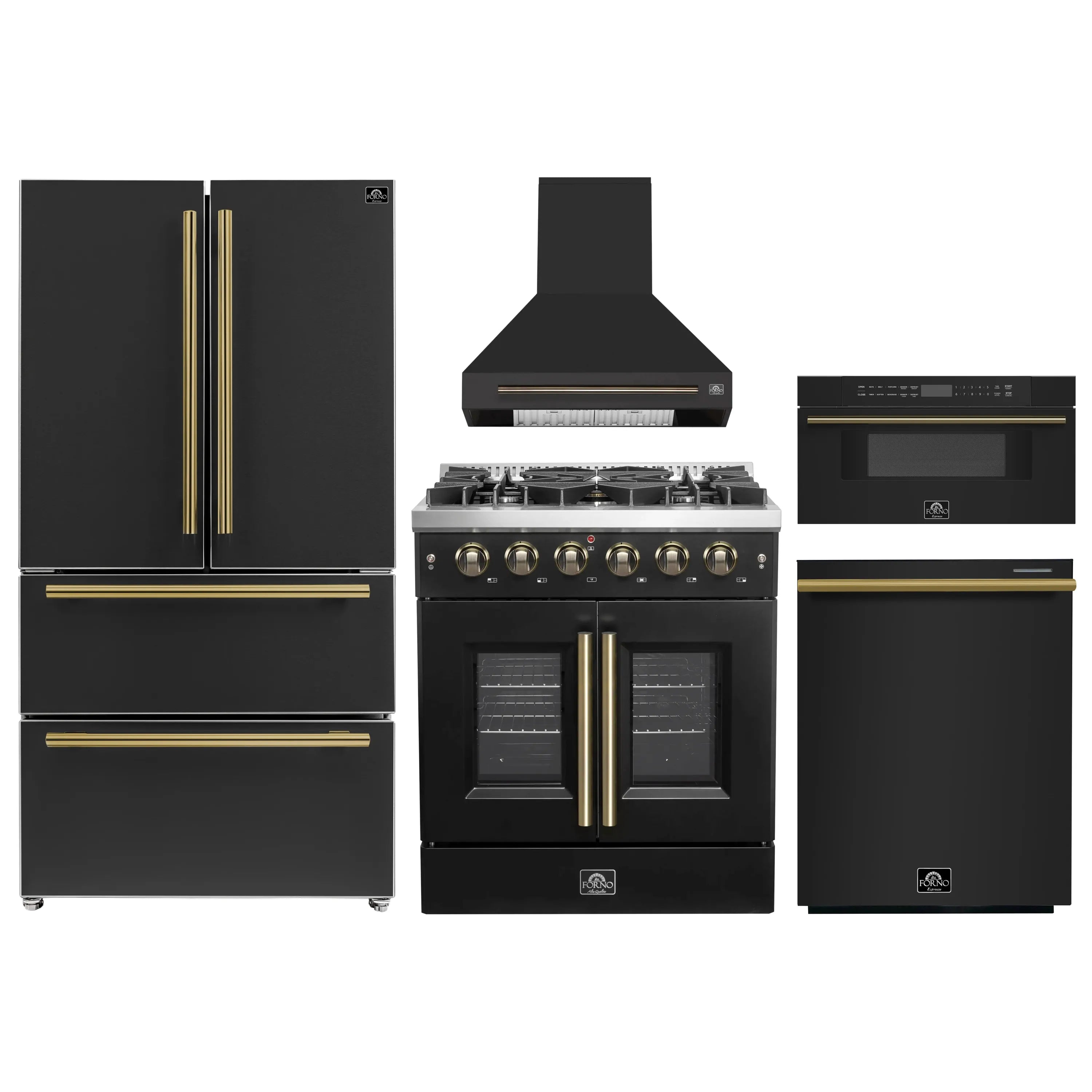 Black kitchen appliance set with refrigerator, gas range, hood, and oven/microwave