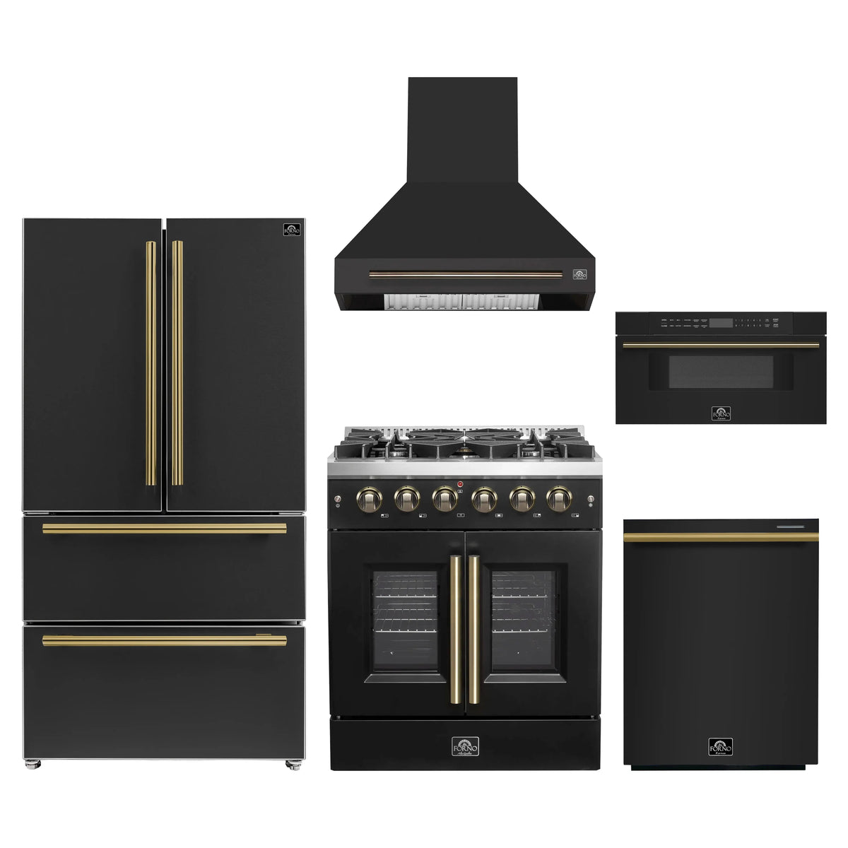 Forno 5-Piece Appliance Package - 30-inch Gas Range, Hood, Refrigerator, Dishwasher and 30-Inch Microwave Drawer in Black with Antique Brass Trim