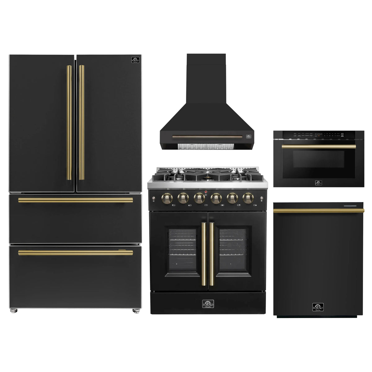 Front view of black 5-piece appliance package with gold accents on doors and handles