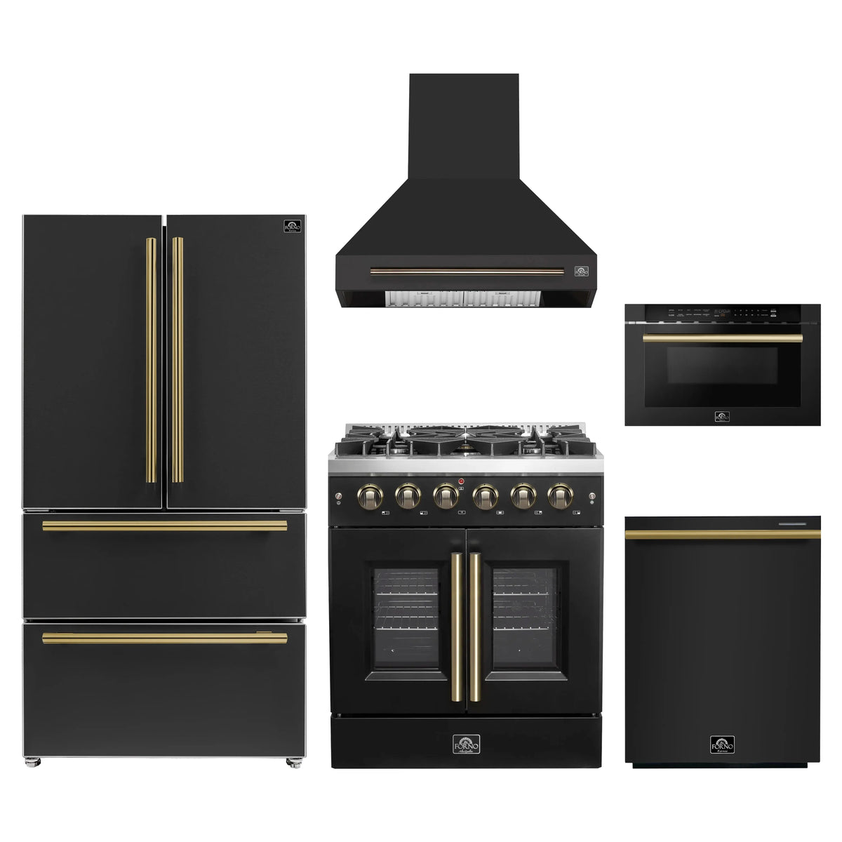 Forno 5-Piece Appliance Package - 30-inch Gas Range, Hood, Refrigerator, Dishwasher and 24-Inch Microwave Drawer in Black with Antique Brass Trim