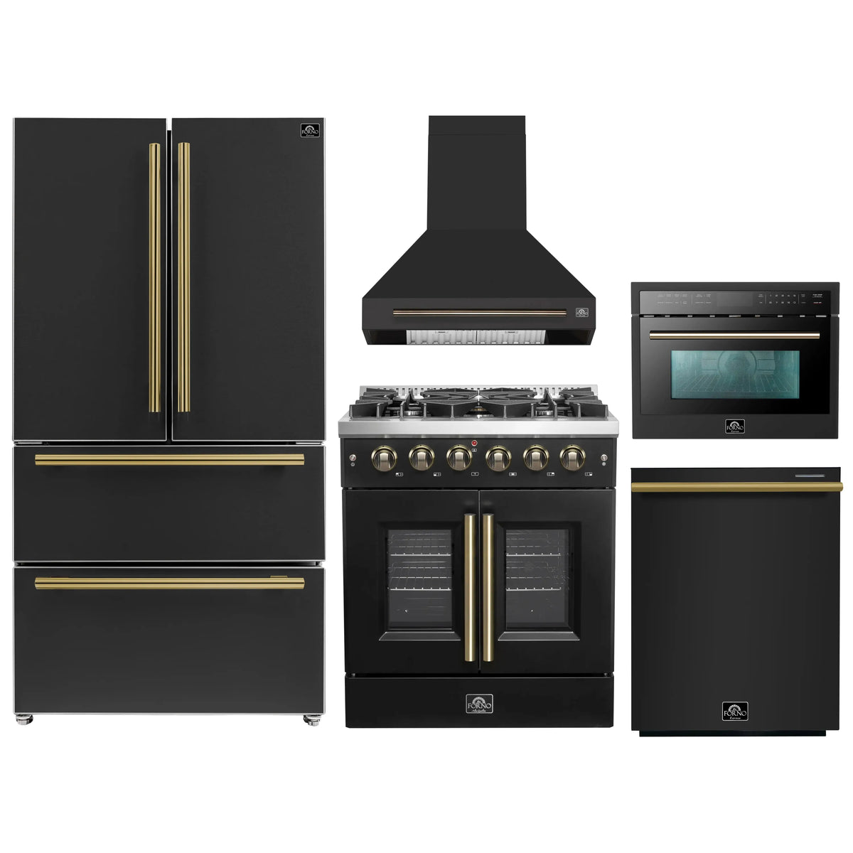 Black kitchen appliance set with refrigerator, gas range, hood, microwave, and dishwasher