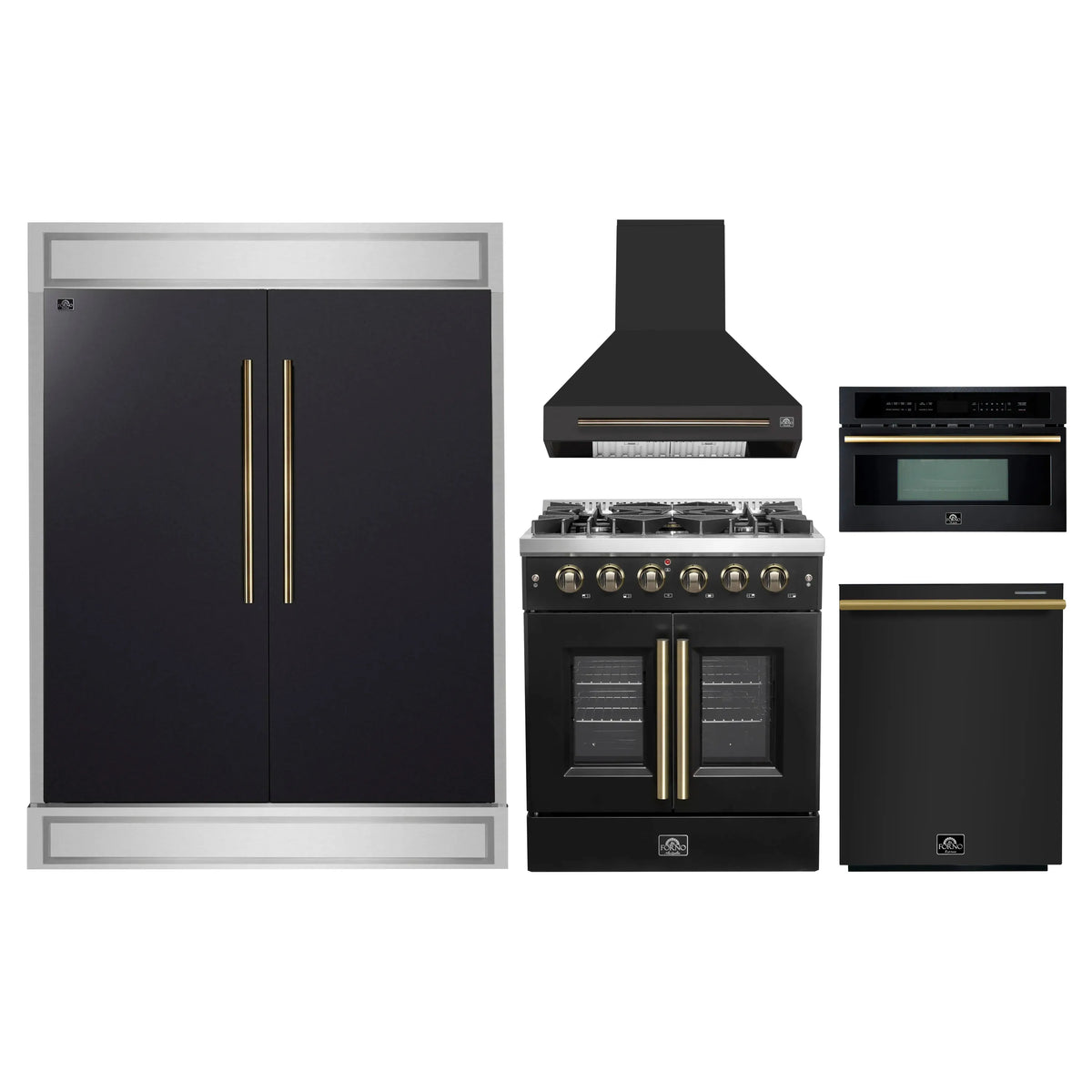 Black kitchen appliance package with refrigerator, gas range, hood, microwave and dishwasher