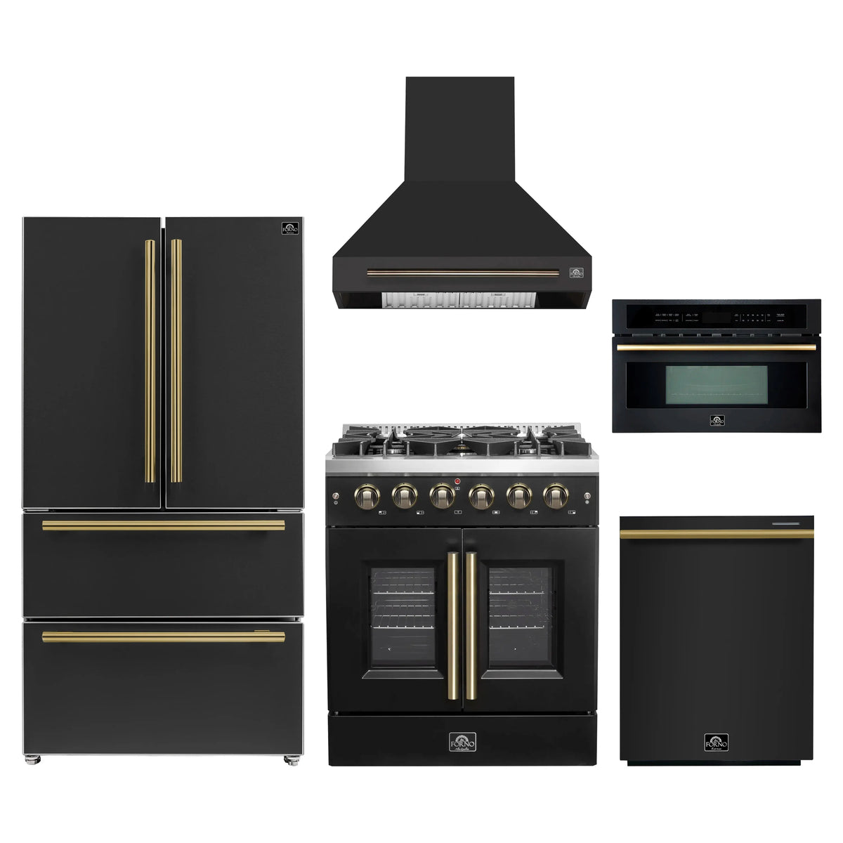 Forno 5-Piece Appliance Package - 30-inch Gas Range, Hood, Refrigerator, Dishwasher and 30-Inch Microwave Oven in Black with Antique Brass Trim