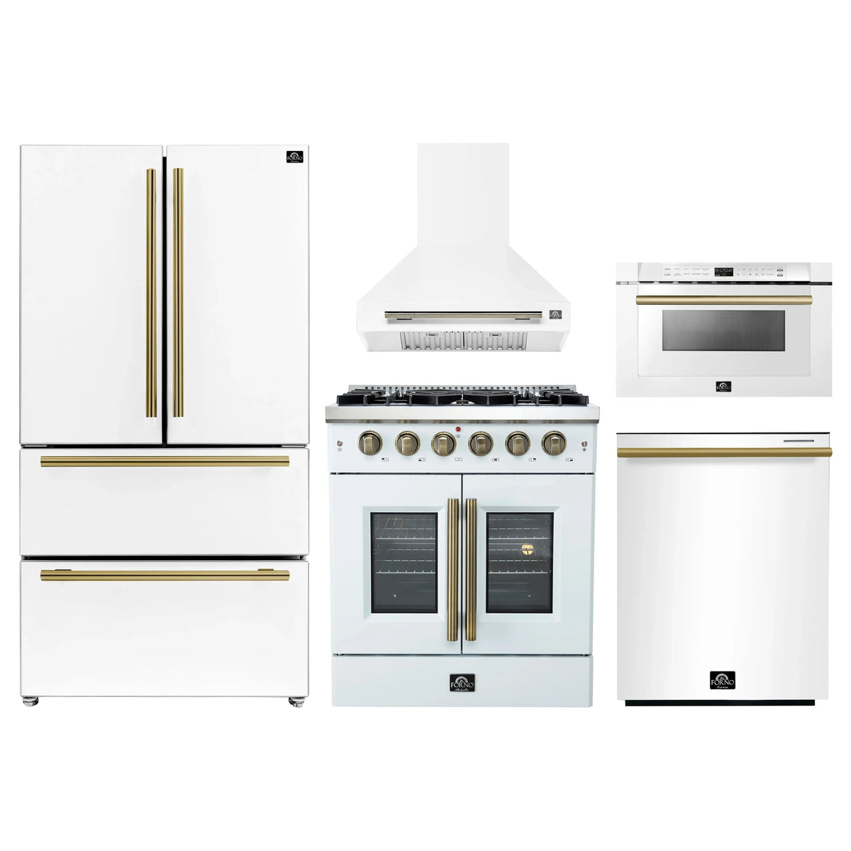 White 5-piece appliance set with refrigerator, gas range, hood, microwave drawer, dishwasher