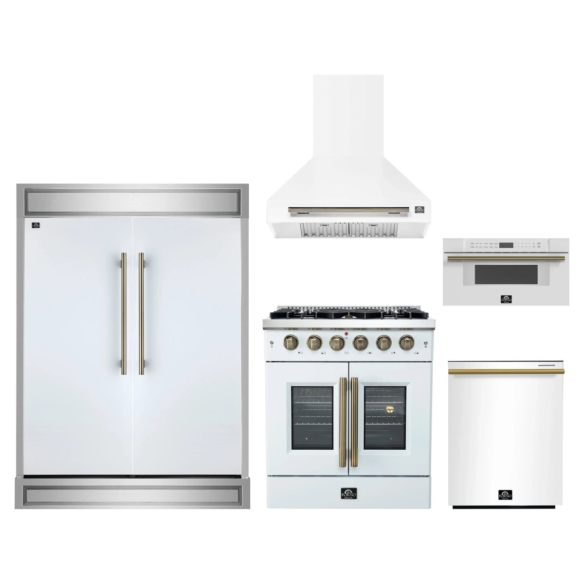 Forno 5-Piece Appliance Package - 30-inch Gas Range, Hood, Refrigerator, Dishwasher and 30-Inch Microwave Drawer in White with Antique Brass Trim