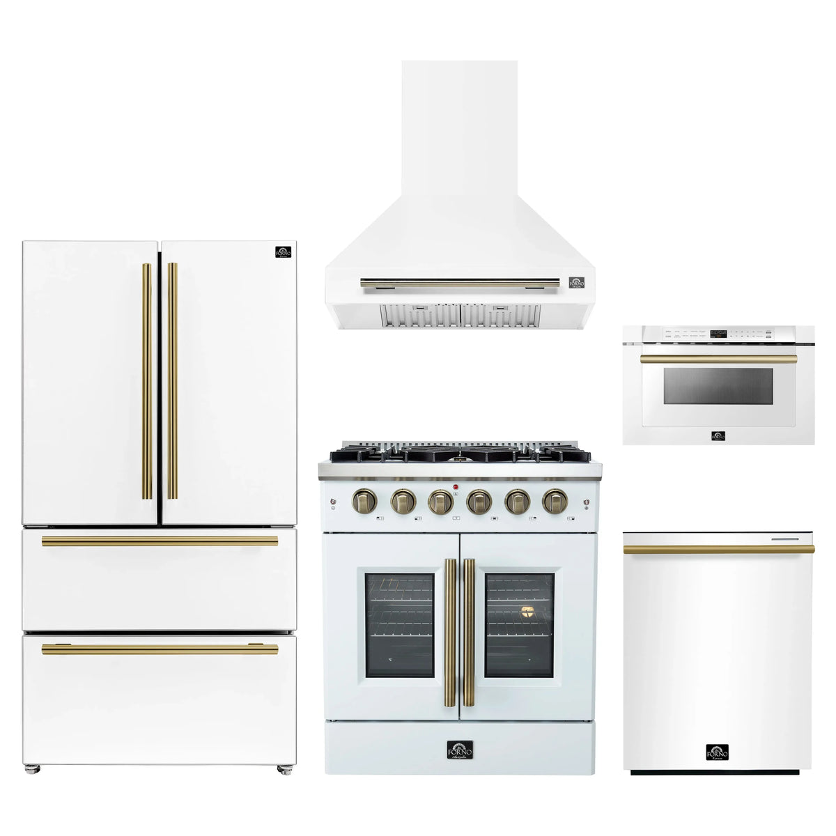 Forno 5-Piece Appliance Package - 30-inch Gas Range, Hood, Refrigerator, Dishwasher and 24-Inch Microwave Drawer in White with Antique Brass Trim